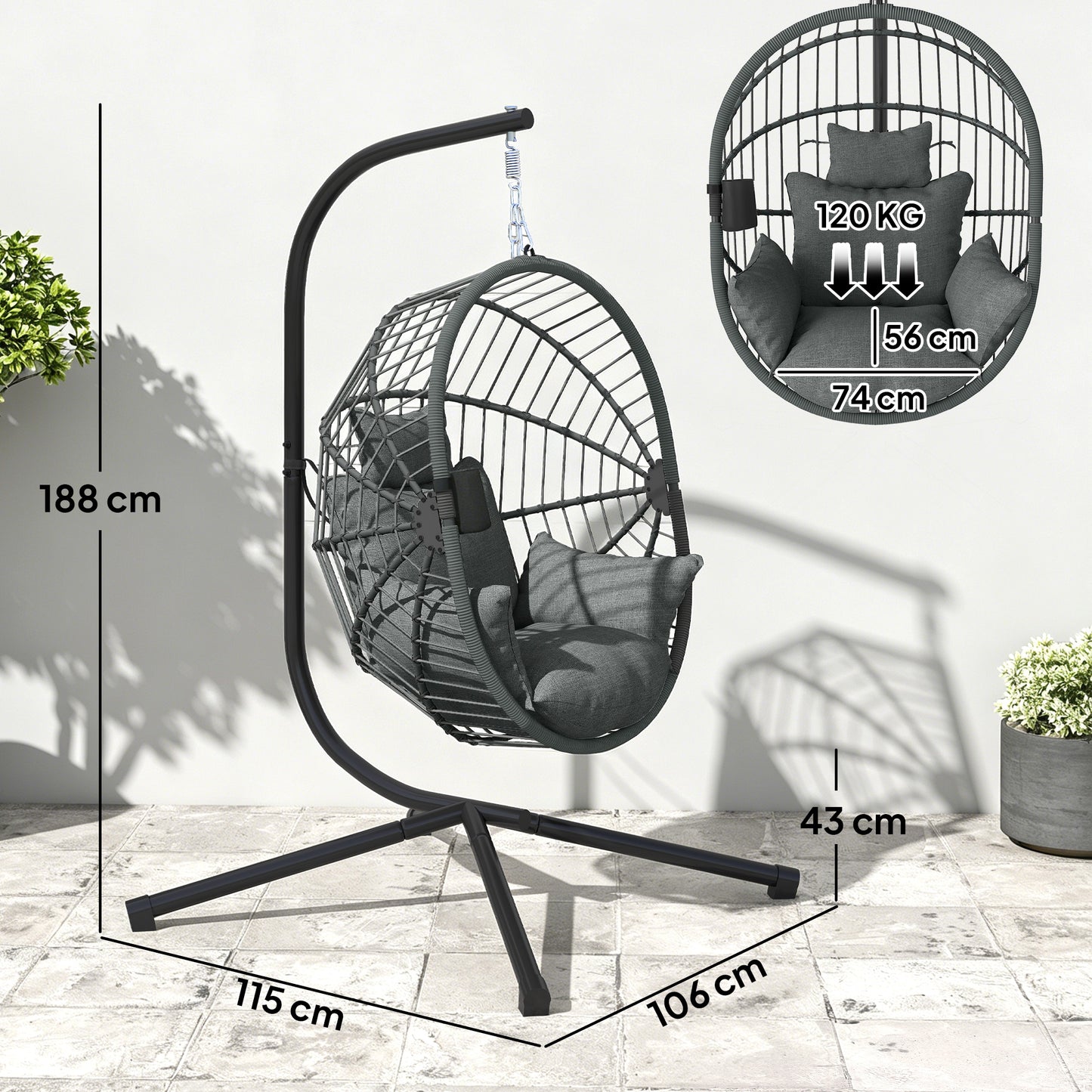 Outsunny Silla Colgante Huevo Con Soporte Cesta Plegable Carga 120 Kg Gris_2
