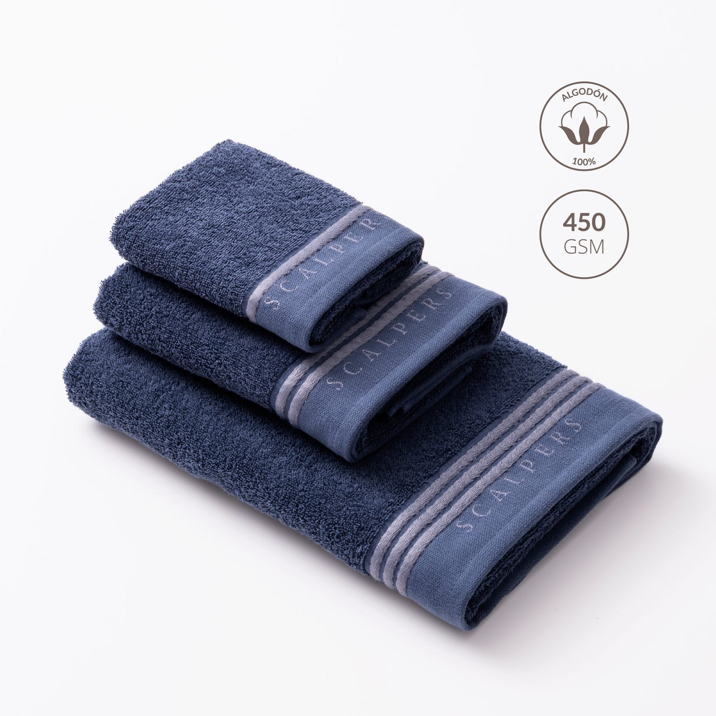 Set Toallas Baño (tocador 30x50cm + Manos 50x90cm + Baño 70x140cm) En Algodón Azul Con Gris Scalpers Home_1