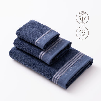 Set Toallas Baño (tocador 30x50cm + Manos 50x90cm + Baño 70x140cm) En Algodón Azul Con Gris Scalpers Home_1