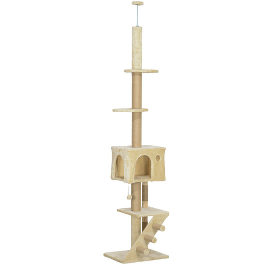 Pawhut Árbol Para Gatos De Suelo A Techo De 225-255 Cm Con Escalera Beige_0