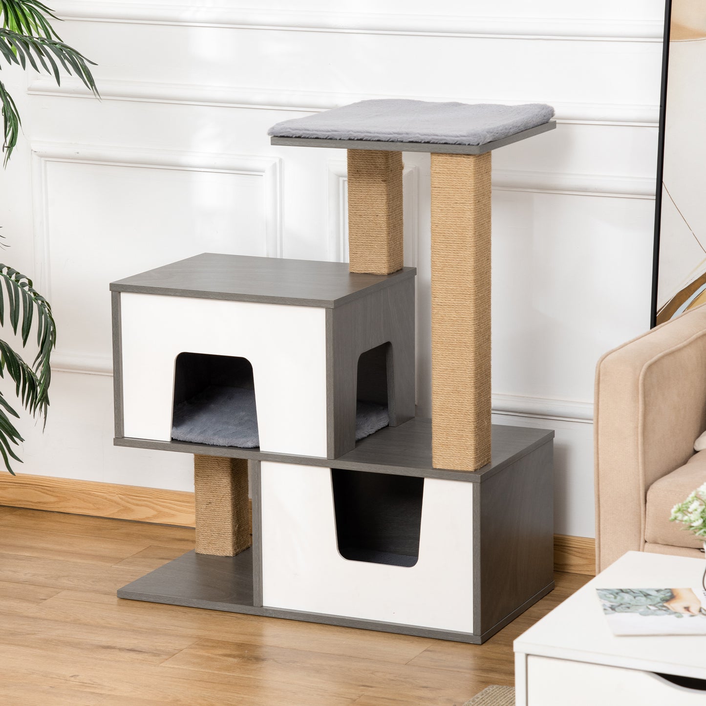 Pawhut Árbol Para Gatos De Madera Con Cuevas Cojines Plataformas Postes Rascador_1