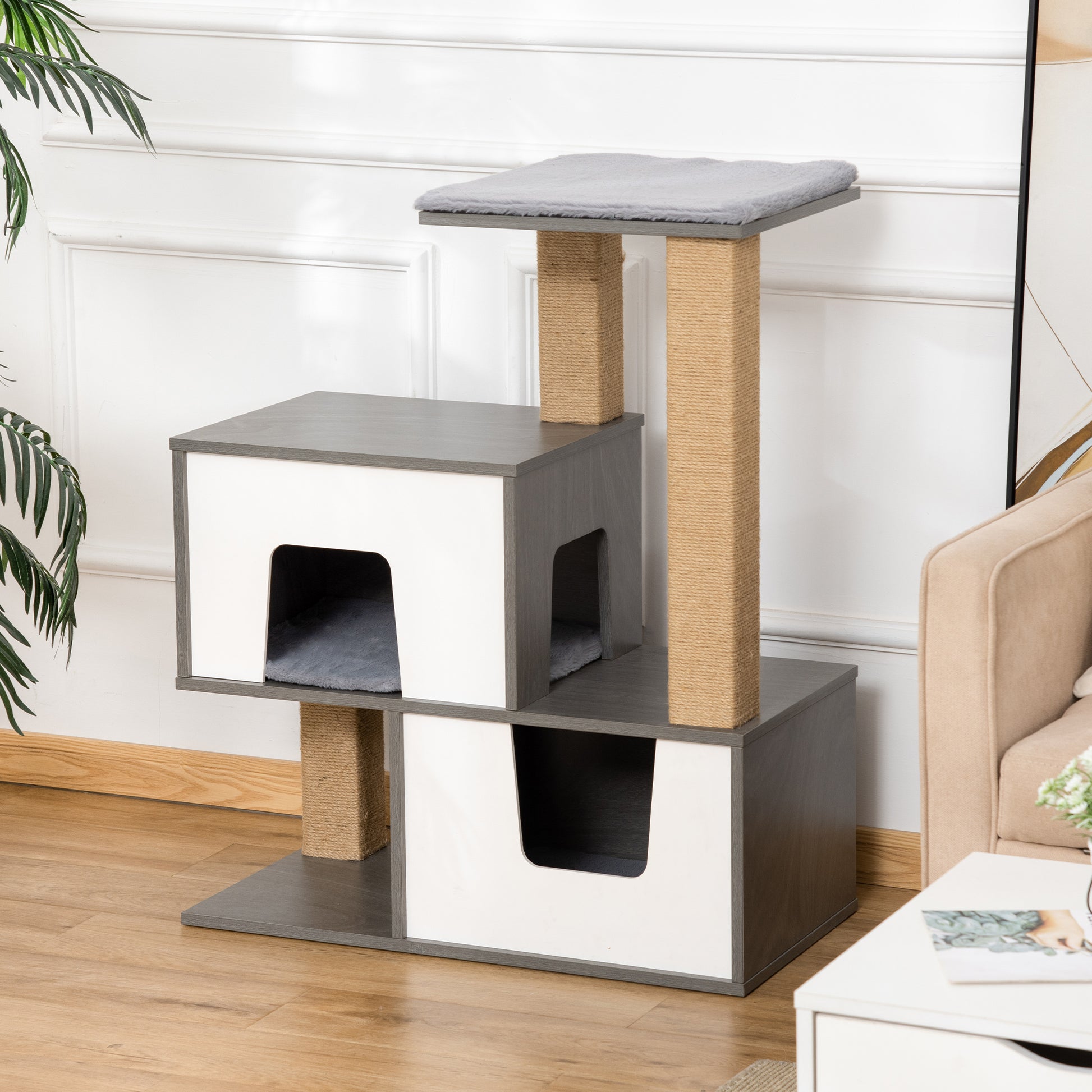 Pawhut Árbol Para Gatos De Madera Con Cuevas Cojines Plataformas Postes Rascador_1