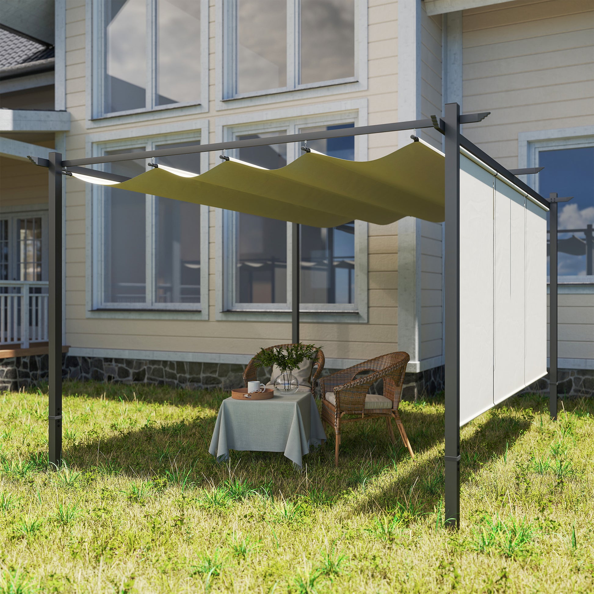 Outsunny Pérgola De Jardín 4x3 M Con Techo Retráctil Y 3 Laterales Enrollables_4