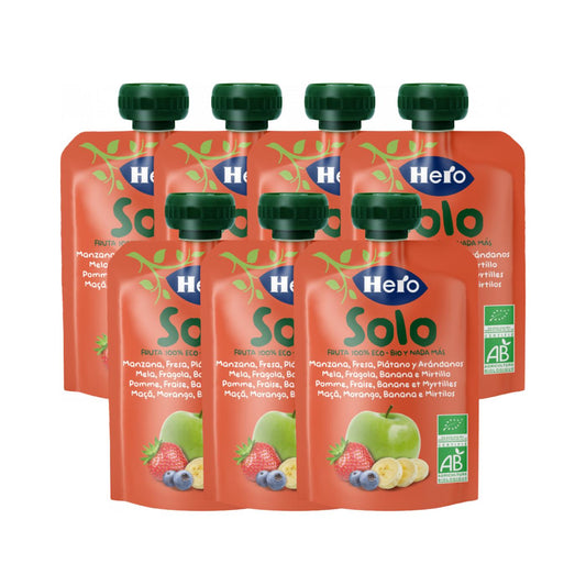 Embalagem x7 sacos de fruta 100% biológica com sabores de maçã, morango, banana e mirtilo, 100 g. Herói Solo