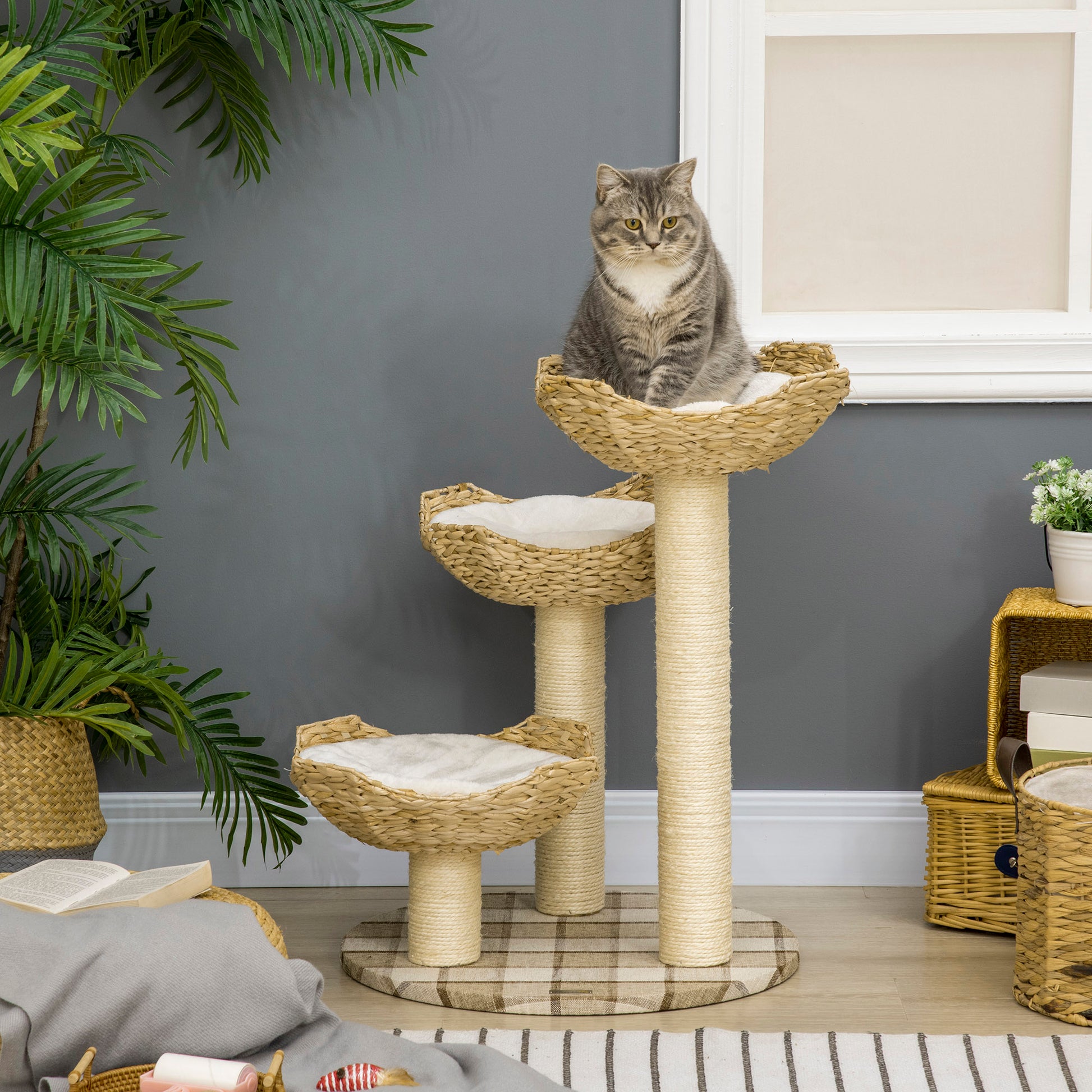 Pawhut Árbol Rascador Para Gatos Altura 75 Cm Con 3 Camas Cojines Totora Postes_1
