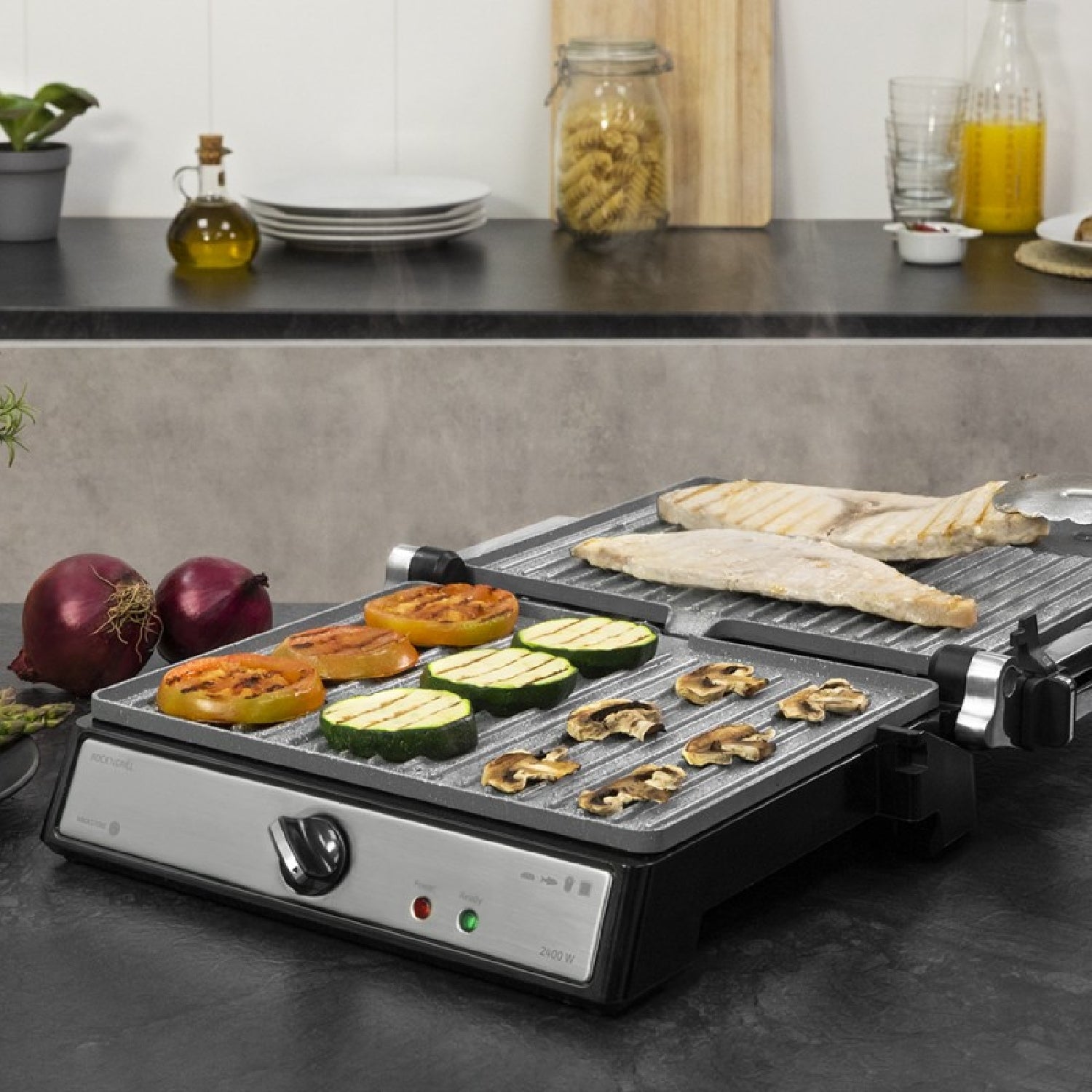 Parrilla Eléctrica Rock?ngrill 2400 Ultrarapid De 2400w De Potencia, Revestimiento De Piedra Rockstone, Apertura De 180º Y Placa Superior Flotante._2