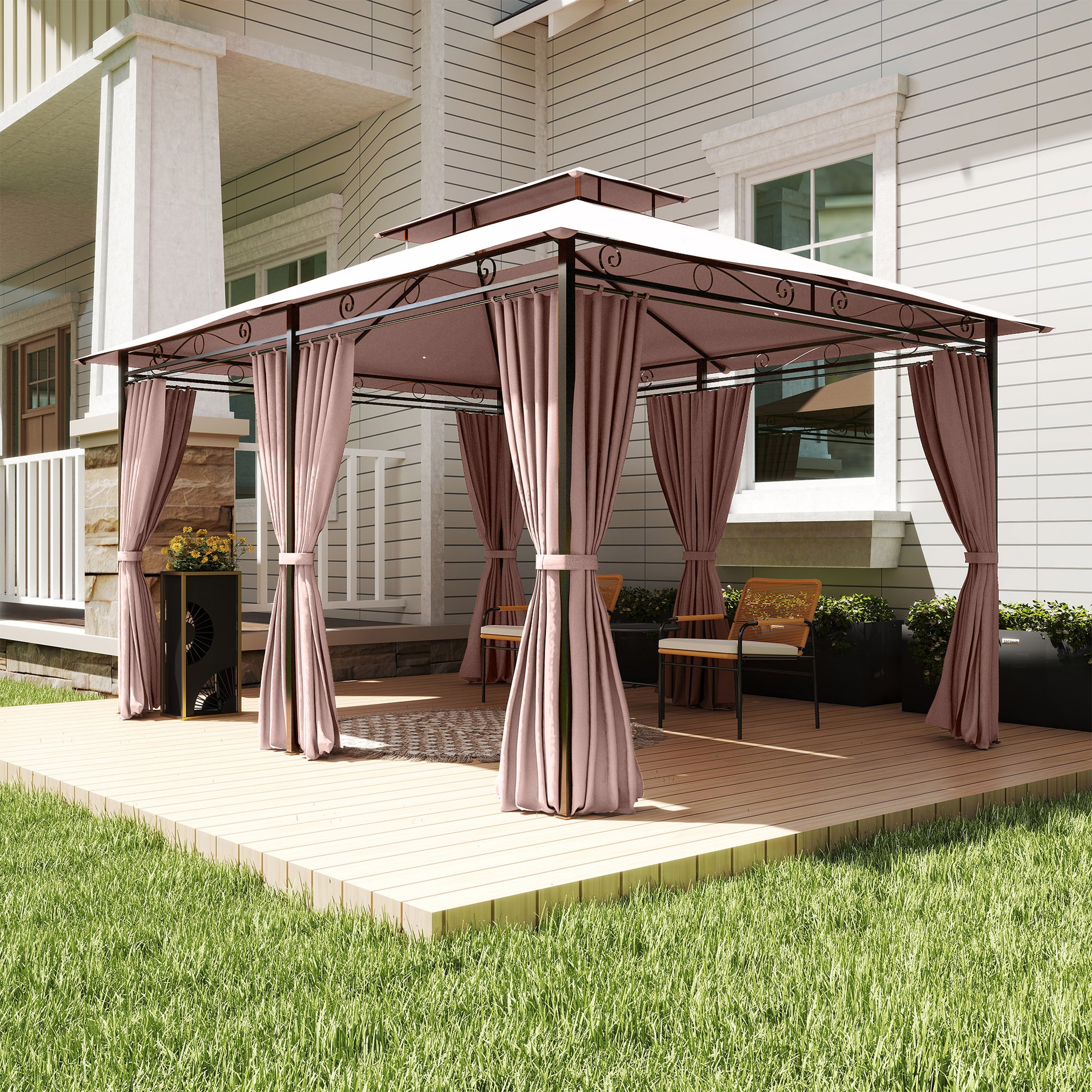 Outsunny Cenador De Jardín 3x4 M Con Paredes Laterales Doble Techo Caqui_3