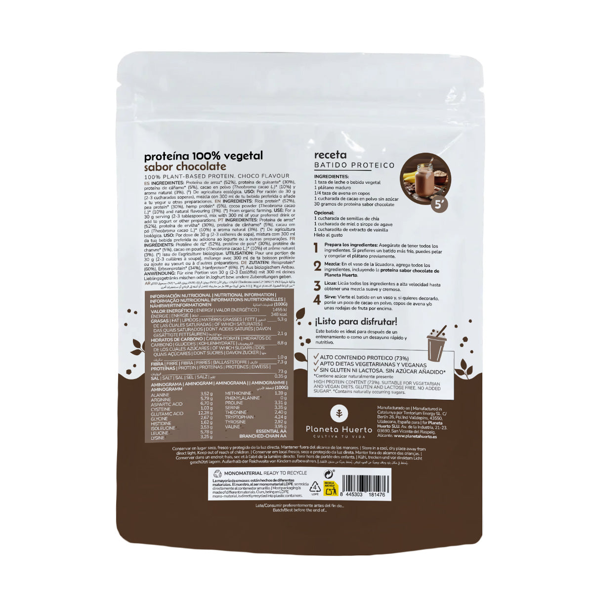 Proteína vegetal biológica 73% Planeta Huerto chocolate 500 g
