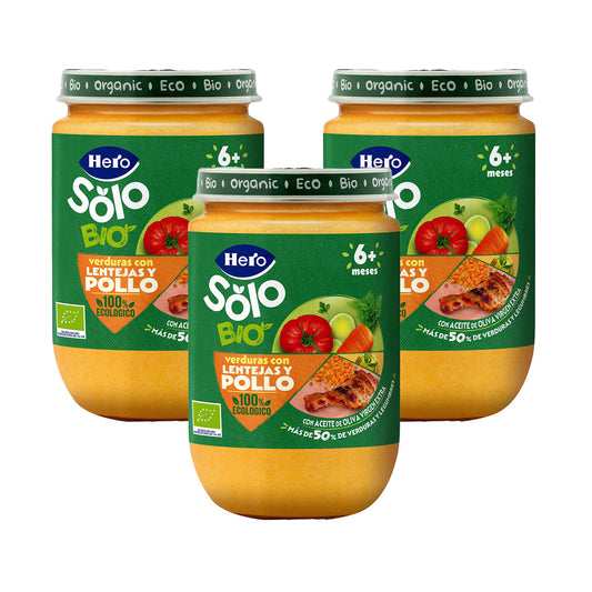 Embalagem de 3 frascos de vegetais Hero Baby com lentilhas e frango, APENAS 190 g