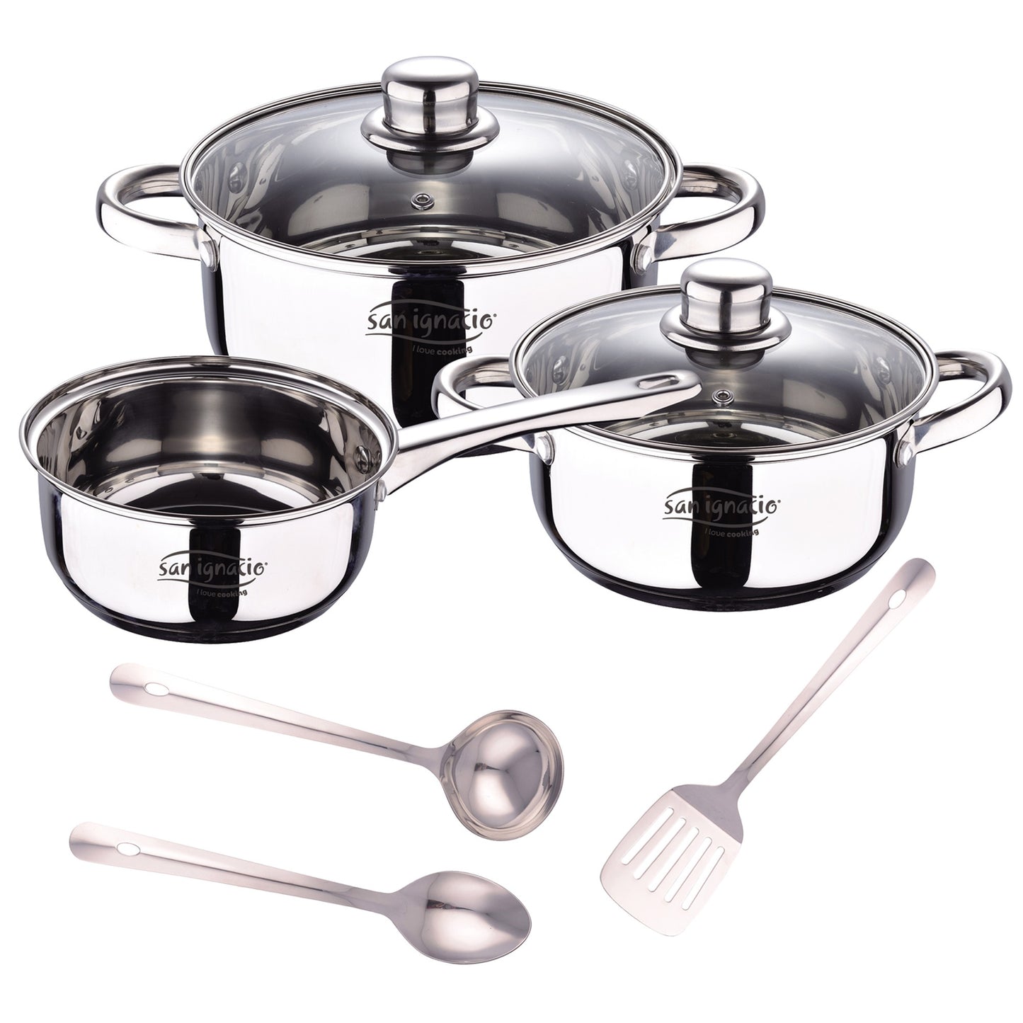 Bateria 5pcs Acero Inoxidable: Cazo Ø16x7,5 Cacerolas De Ø18x8,5 Y Ø20x9,5 Cms., Inducción + Set 3pcs Utensilios De Cocina En Acero Inoxidable_0