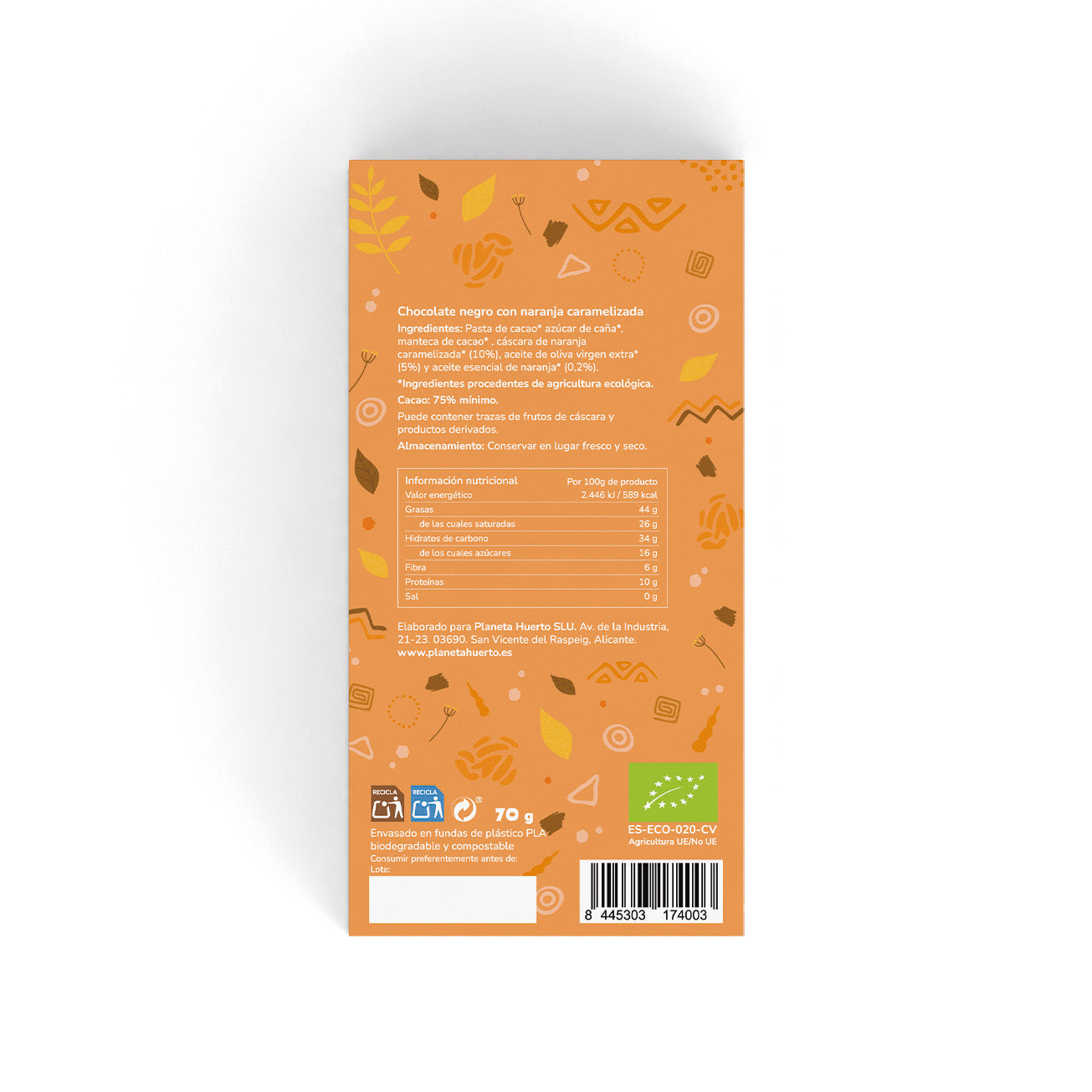 Barra de chocolate negro 75% com laranja caramelizada ECO Planeta Huerto 70 gr