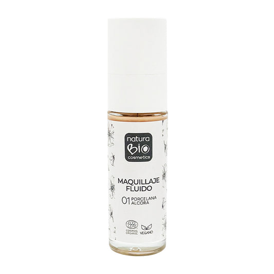 Maquilhagem Fluida Alcora Porcelain 01, Acabamento Impecável, Com Rosa Mosqueta e Manteiga de Karité, NaturaBio Cosmetics, 30ml