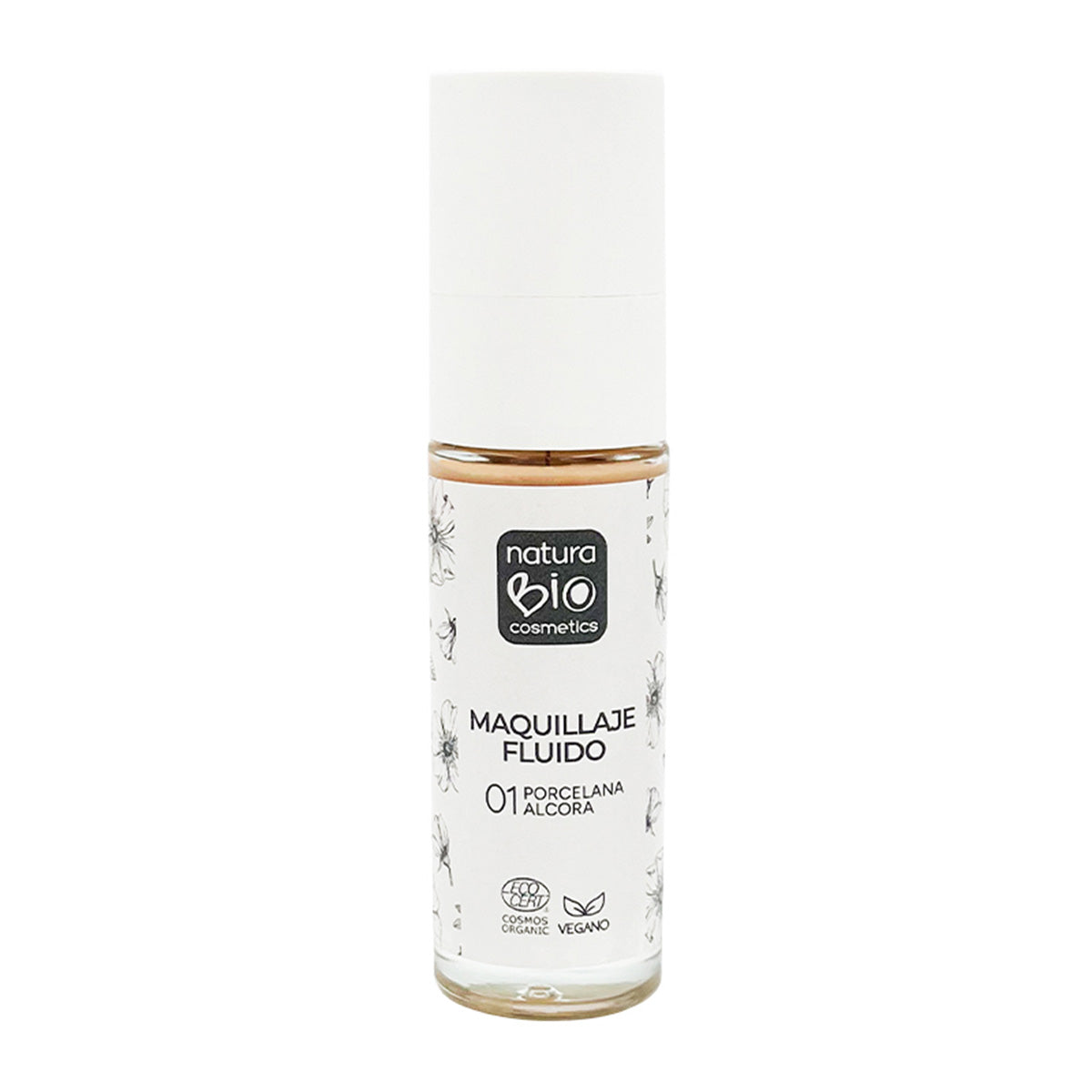 Maquilhagem Fluida Alcora Porcelain 01, Acabamento Impecável, Com Rosa Mosqueta e Manteiga de Karité, NaturaBio Cosmetics, 30ml