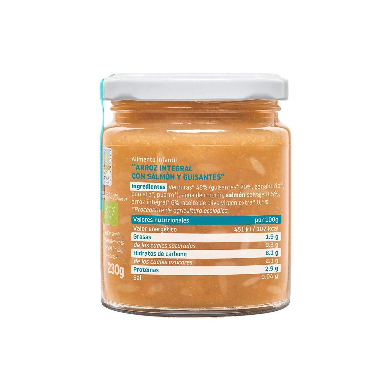 Pote de arroz biológico Smileat com salmão e ervilhas, 230g