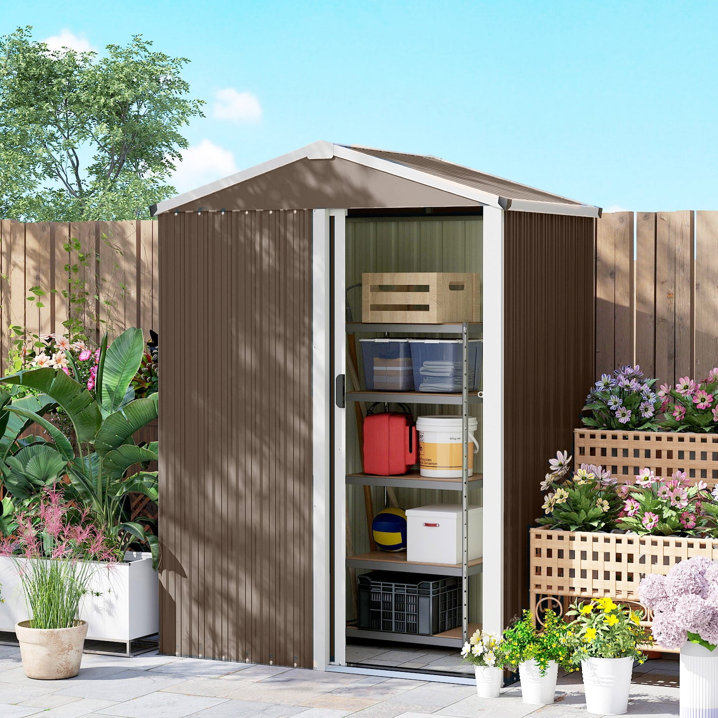 Outsunny Caseta De Jardín Exterior 1,1 M² 136x87x179 Cm Puerta Corredera Marrón_3