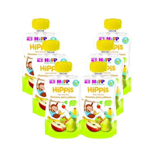 Embalagem de 6 saquetas HiPP de maçã, pera e banana biológica