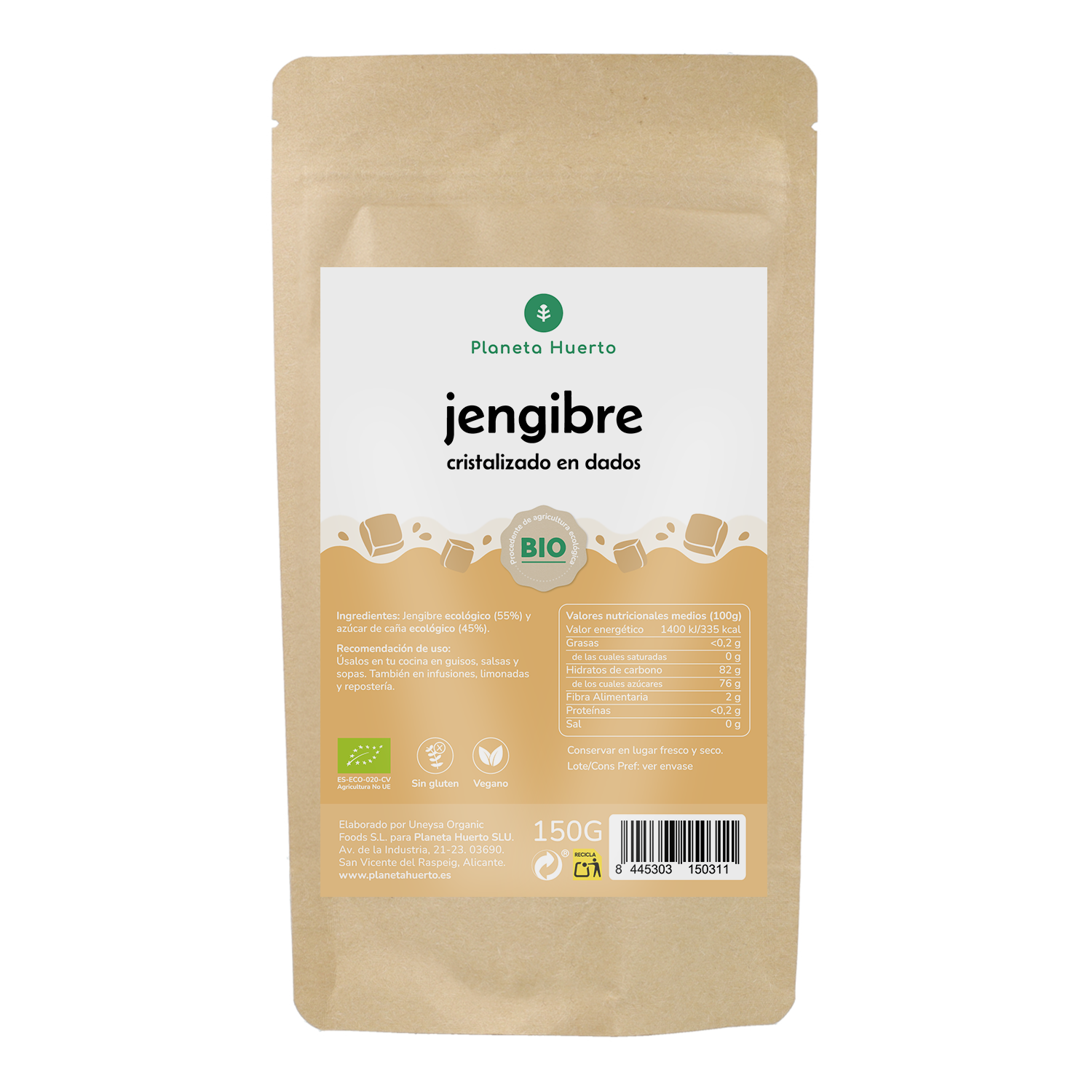Gengibre cristalizado biológico em cubos Planeta Huerto 150 g