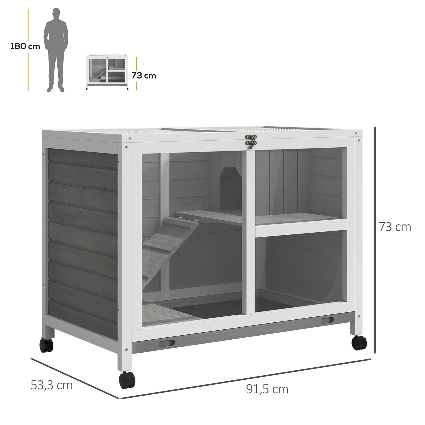 Pawhut Conejera De Madera Con Ruedas 91,5x53,3x73 Cm Techo Abatible Bandeja_2