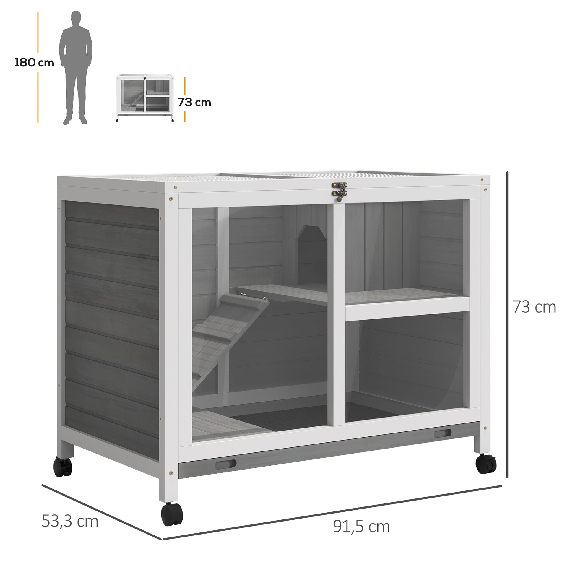 Pawhut Conejera De Madera Con Ruedas 91,5x53,3x73 Cm Techo Abatible Bandeja_2