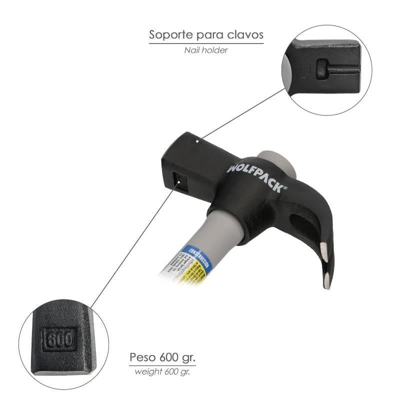 Martillo Uña Mango Fibra Vidrio Mango Fibra Vidrio Con Empuñadura Antideslizante. 600 Gramos 33 Cm._2