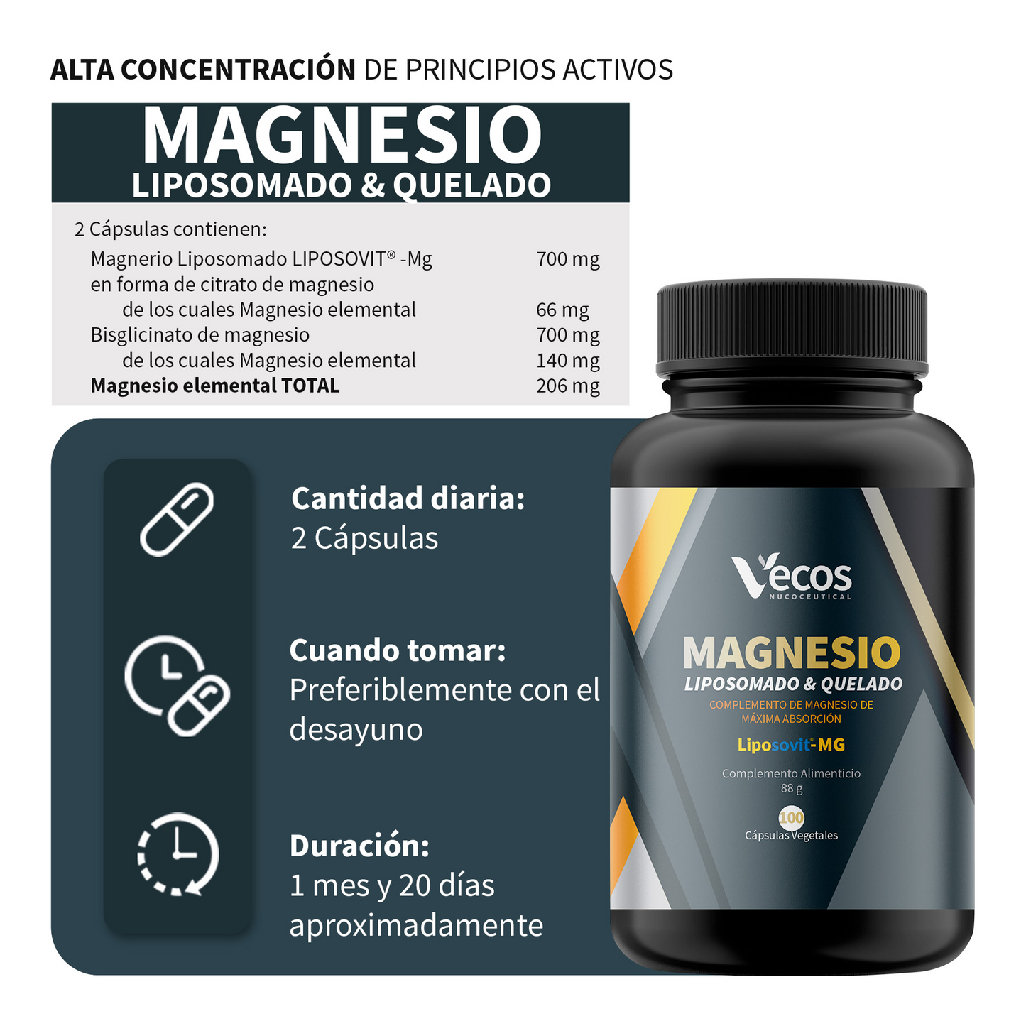 Magnesio Liposomado y Quelado VECOS (100 cápsulas) | Alta biodisponibilidad | Menos cansancio y fatiga | Liposovit®_2