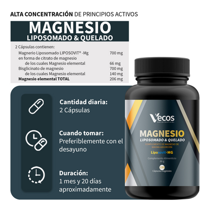Magnesio Liposomado y Quelado VECOS (100 cápsulas) | Alta biodisponibilidad | Menos cansancio y fatiga | Liposovit®_2