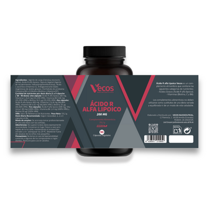 Ácido R Alfa Lipoico 200 mg VECOS (90 cápsulas) | Antiedad y antioxidante Natural | Con Vitamina C + Protector celular_4