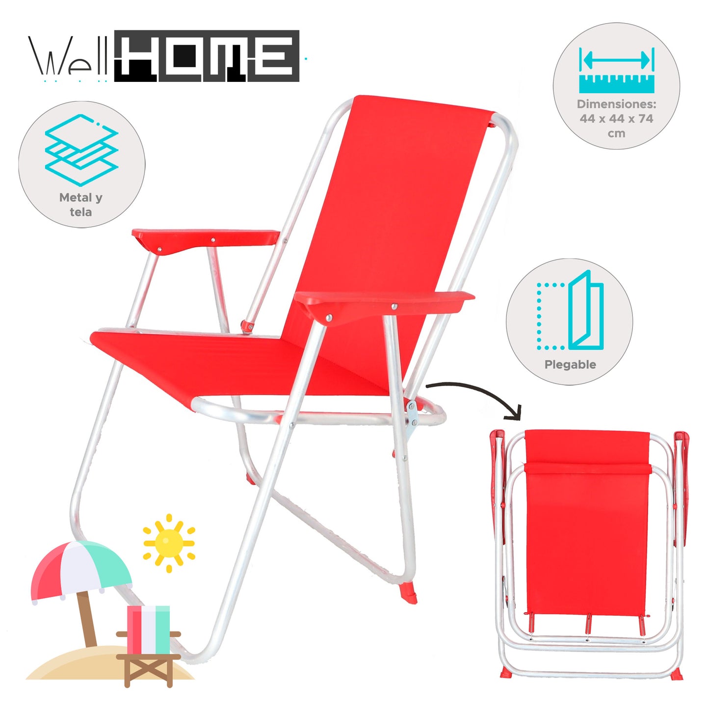 Well Home - Juego de 4 Sillas de Playa Metálicas Plegables Color Rojo (44 x 44 x 74 cm)_1