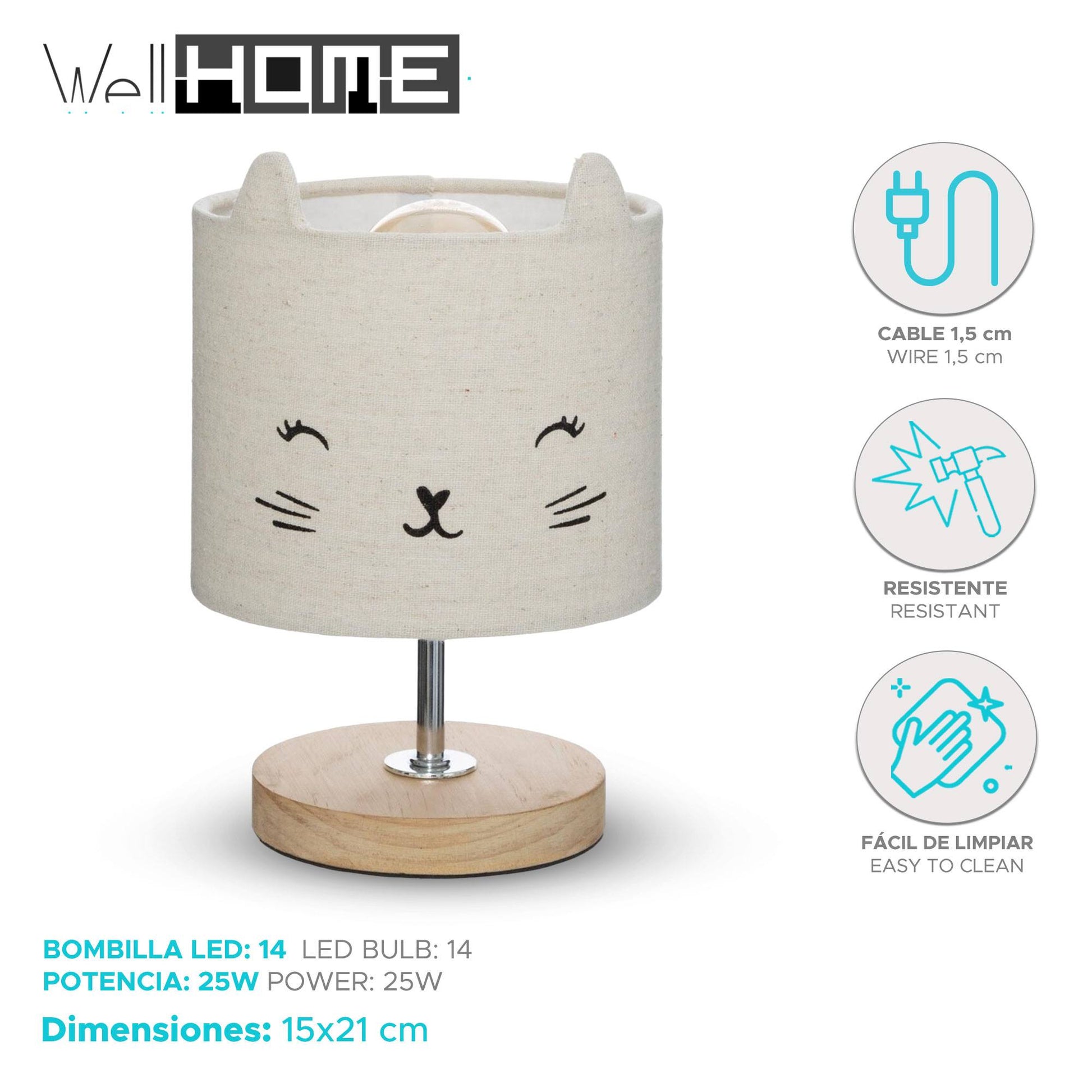 Well Home Lámpara Infantil gato En Algodón Y Madera Ø15x21cm_1