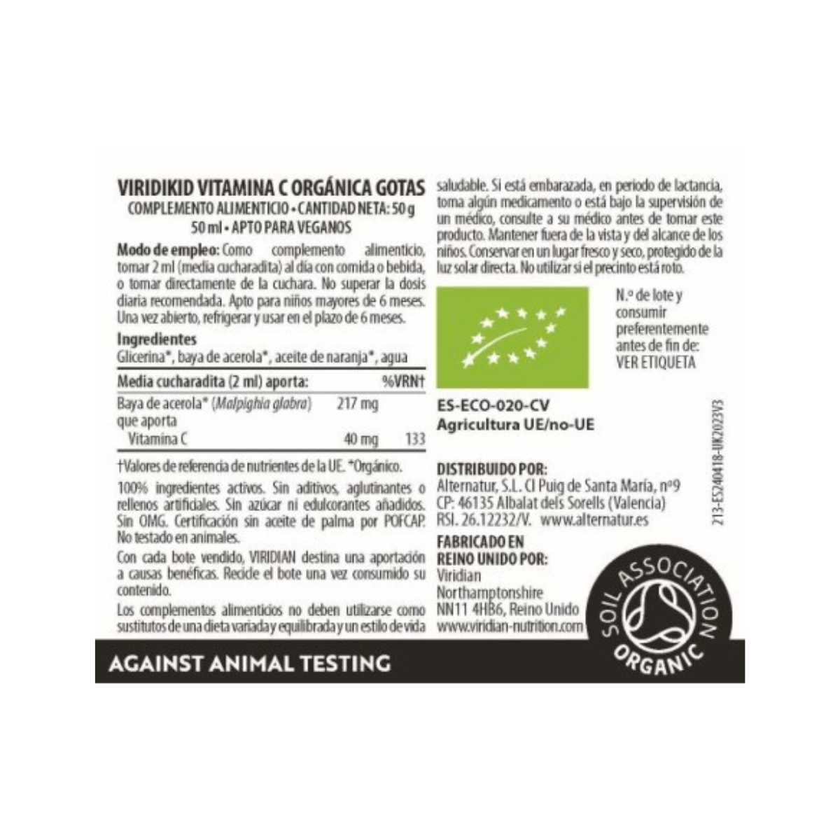 Gotas de vitamina C biológica Viridikid Viridian 50 ml