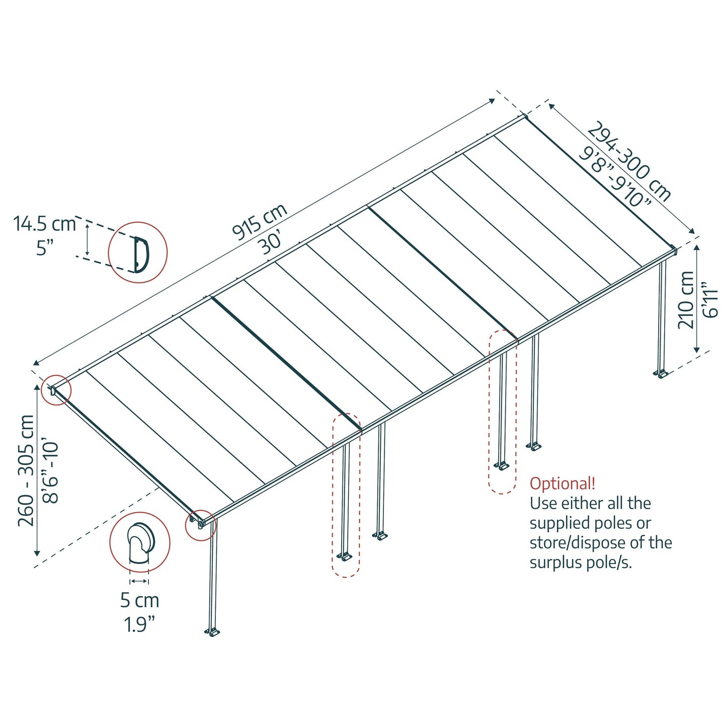 Pérgola anexa Feria 300x915 m cinzento 