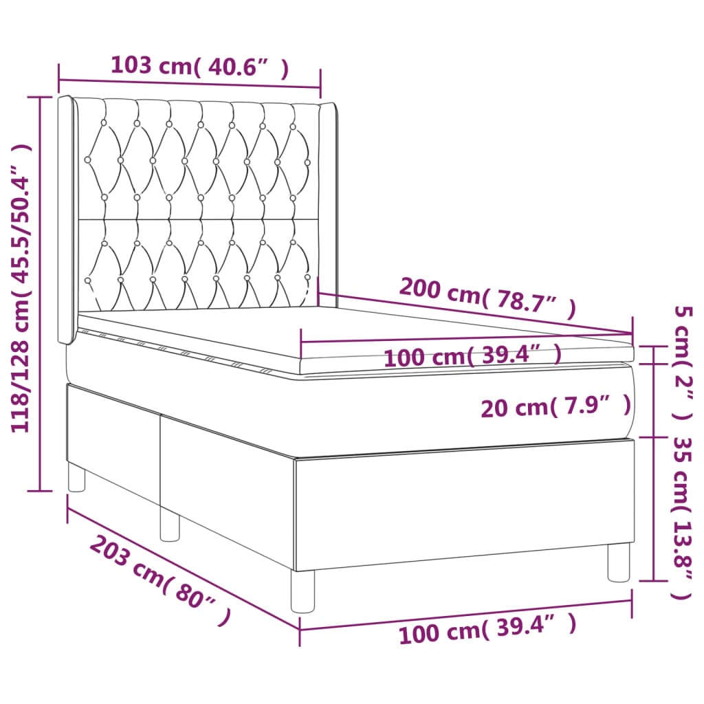 Cama Box Spring Colchón Y Luces Led Tela Gris Claro 100x200 Cm / Vetonek_4