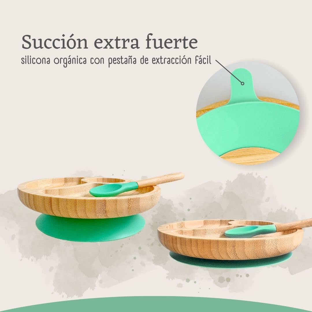 Vajilla De Bambú Natural Para Bebé Con Ventosa Antideslizante 2 Piezas Althea Living Verde Aguamarina_4