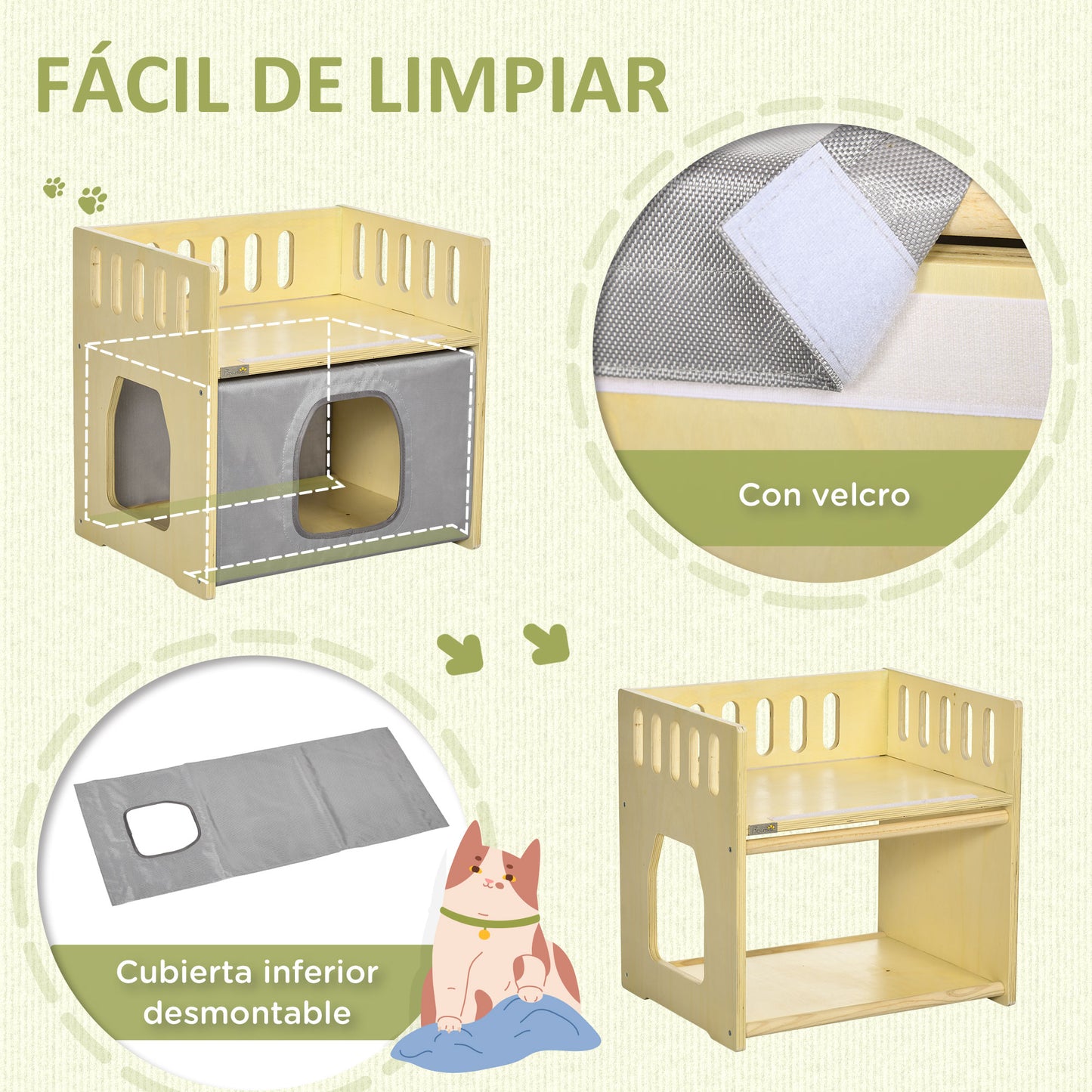 Pawhut Cama Para Gatos Madera Con 2 Cojines Cubierta De Tela Oxford 48x38x47 Cm_5