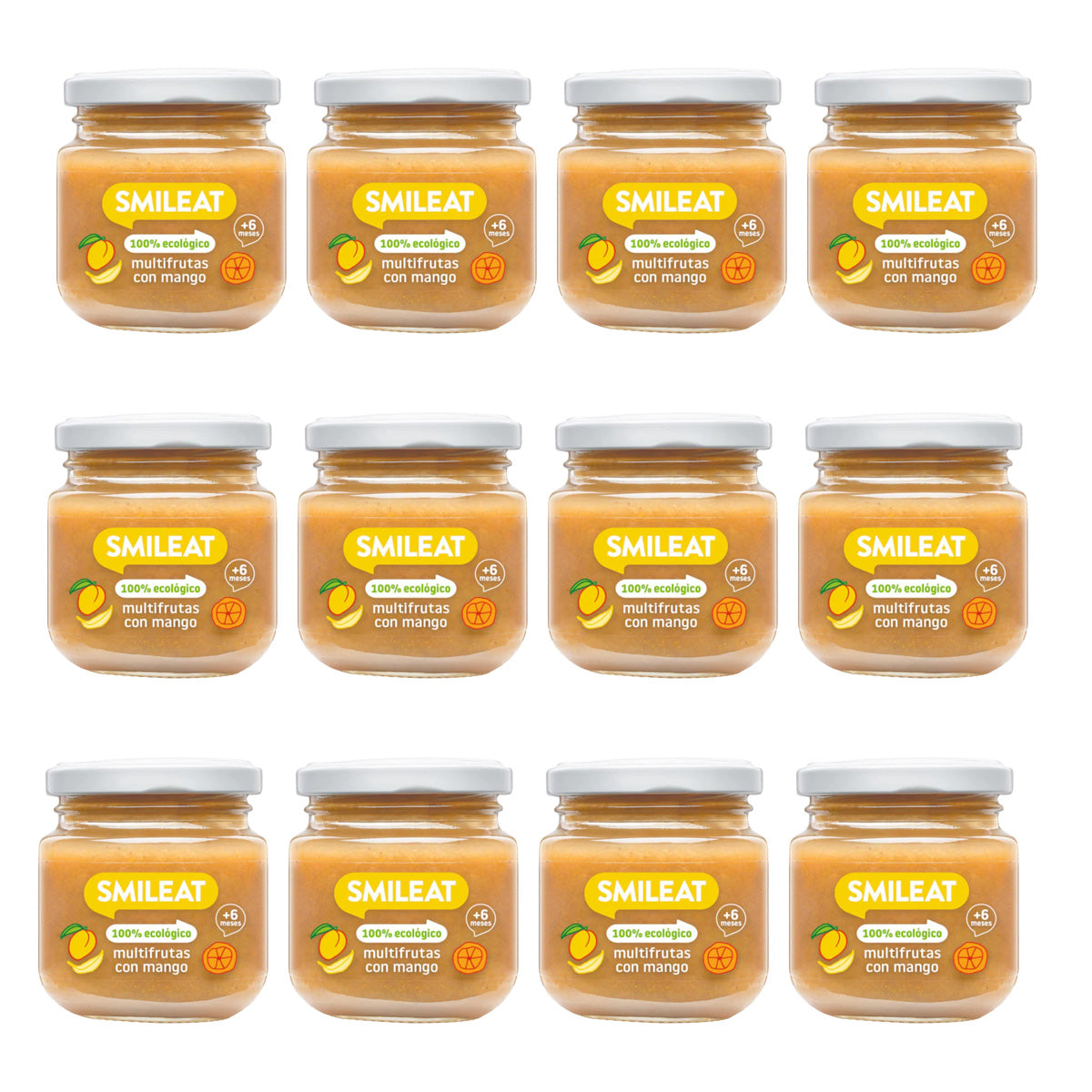 Embalagem de 12 frascos multifruta Smileat com manga biológica +6 meses