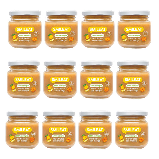 Embalagem de 12 frascos multifruta Smileat com manga biológica +6 meses