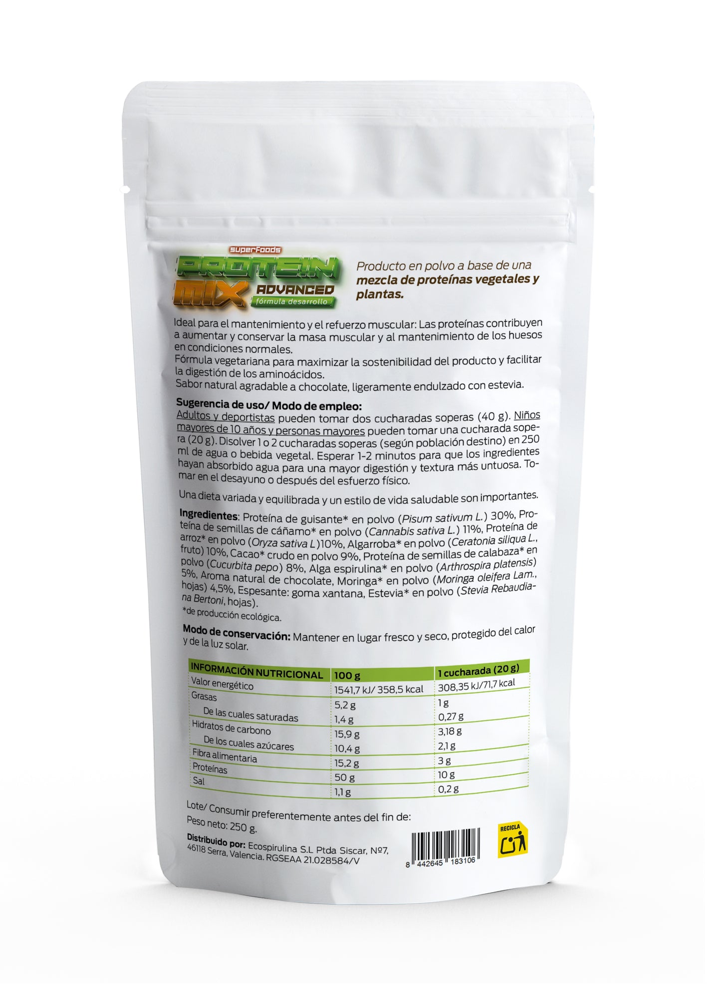 Proteína Vegetal Ecológica Con Espirulina Y Moringa Ecospirulina Chocolate 250 G_1