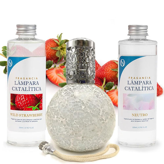 Pack Ahorro Lámpara Catalítica Mosaico Blanco + Aroma Wild Strawberry 200ml + Limpiador Neutro 200ml + Mecha Repuesto_0