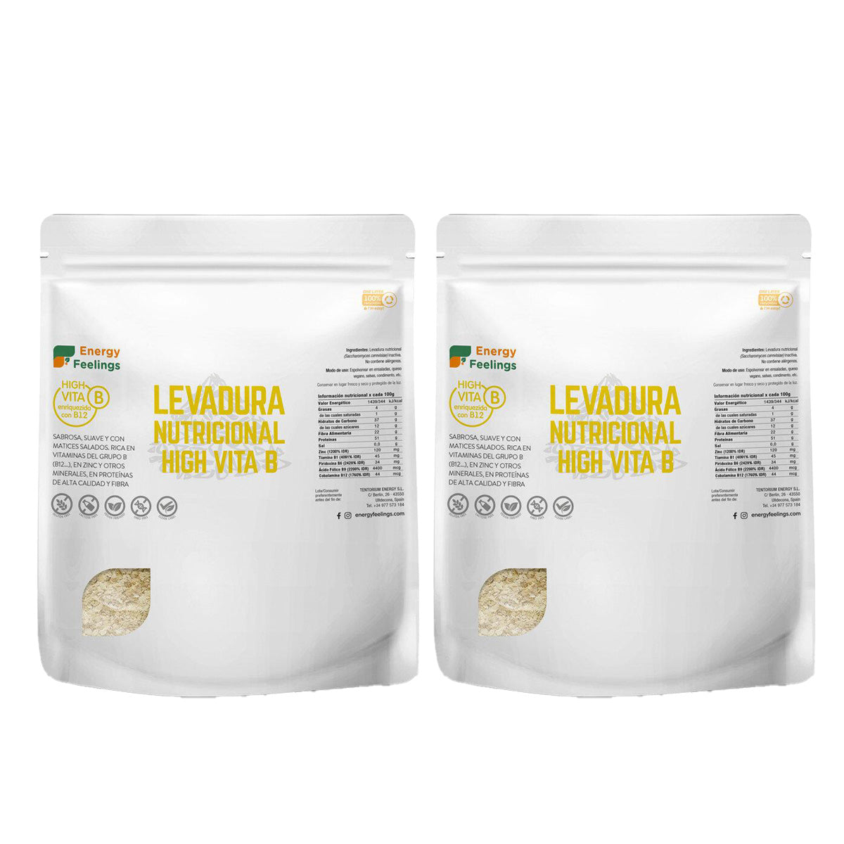 Embalagem de 2 flocos de levedura nutricional com vitamina B12, Energy Feelings, 250 g