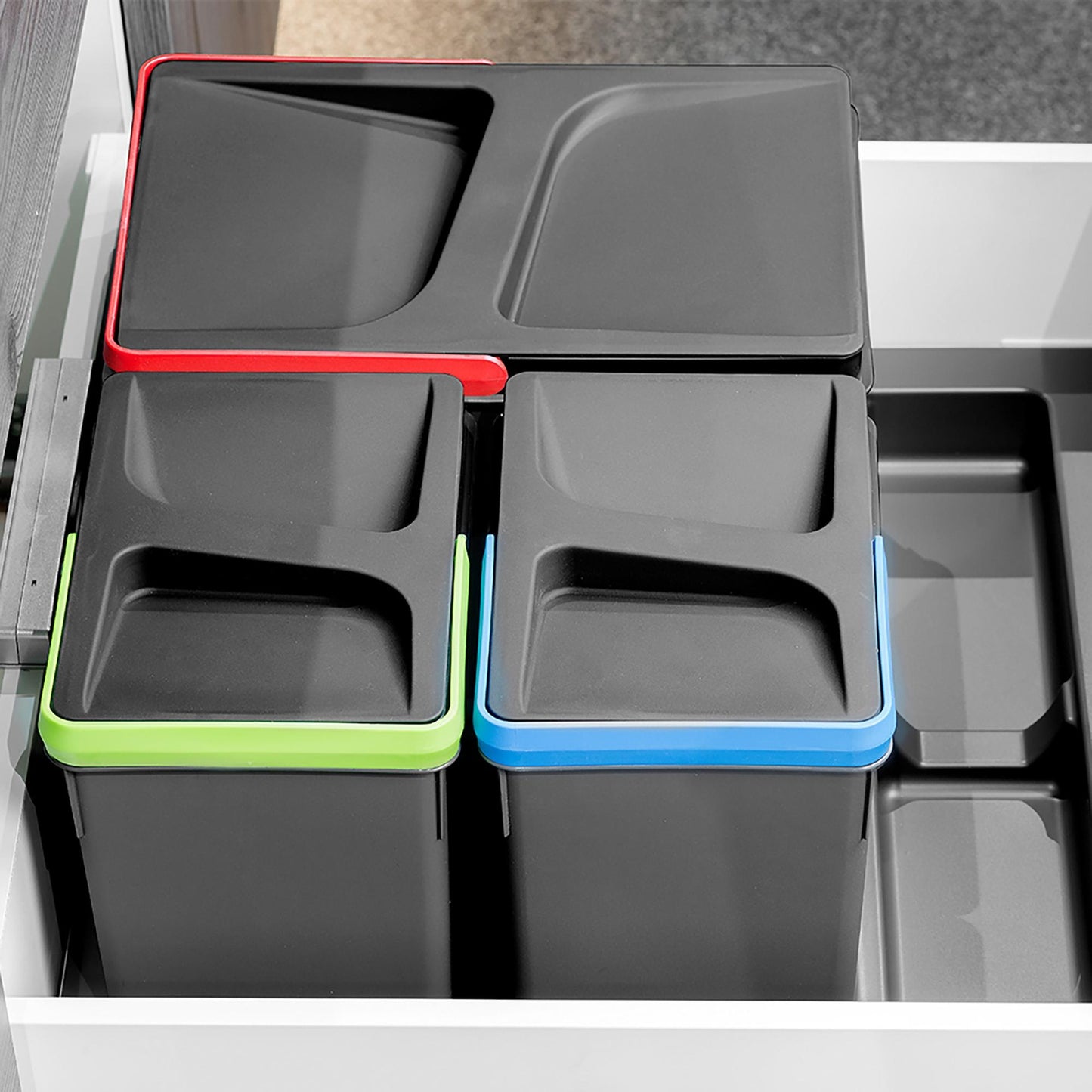 Recipientes para gavetas de cozinha reciclados, Altura 216, 1x12 + 2x6, Plástico cinza antracite, Plástico, Emuca