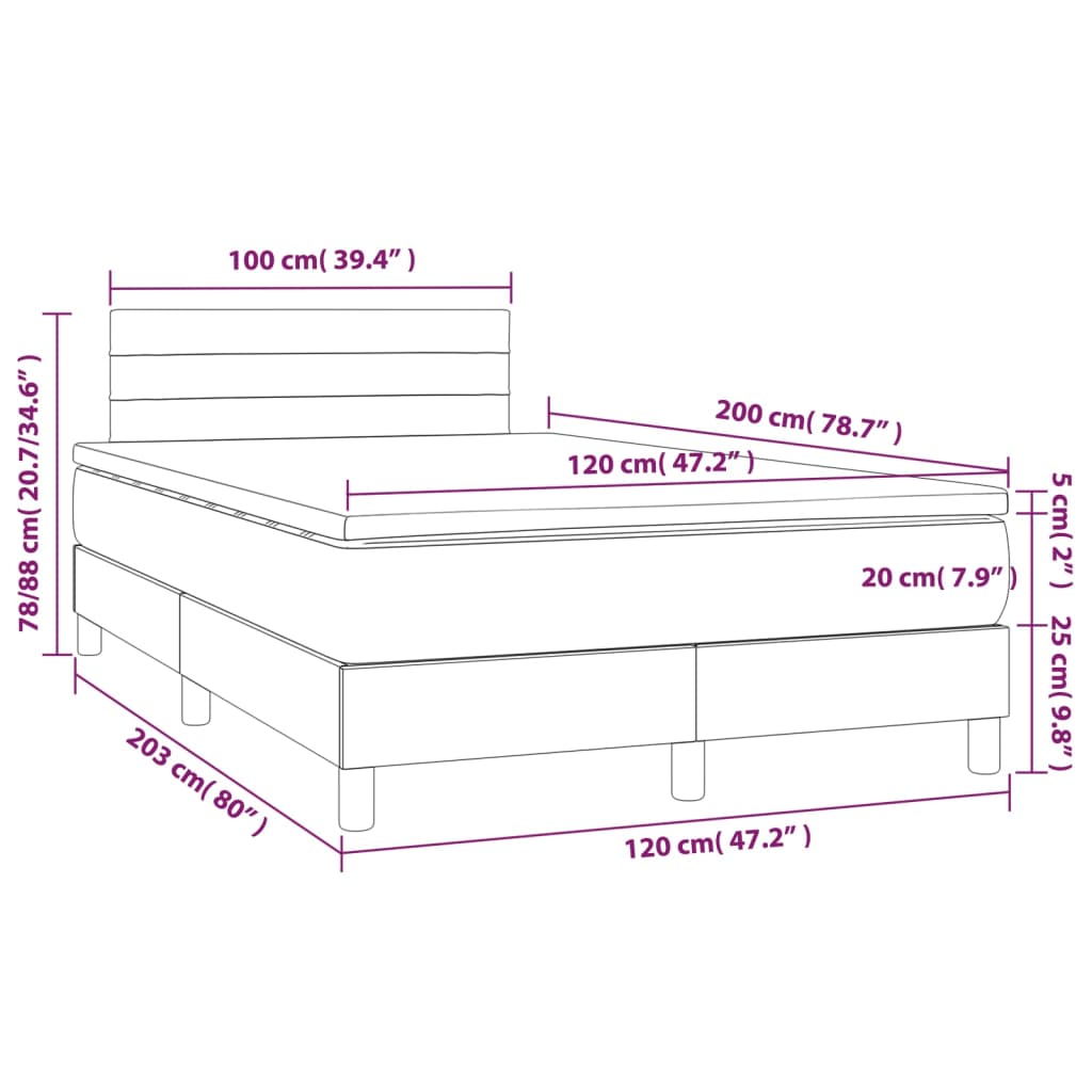 Cama Box Spring Con Colchón Tela Y Led Gris Claro 120x200 Cm / Vetonek_3