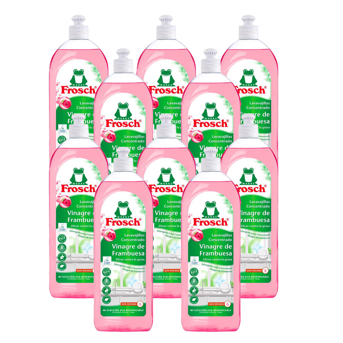 Embalagem de 10 detergentes para máquina de lavar louça Frosch framboesa 750 ml