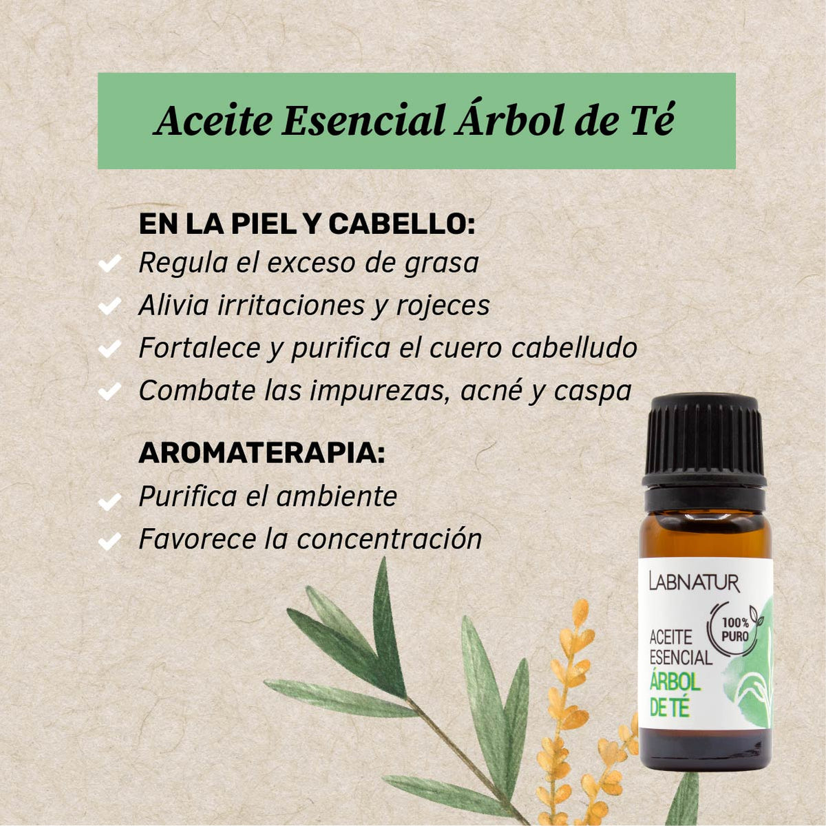 Aceite Esencial de Árbol del Té 100% Puro Labnatur 10 ml | Purificante | Piel, Cabello, Uñas y Pies | Vegano_1