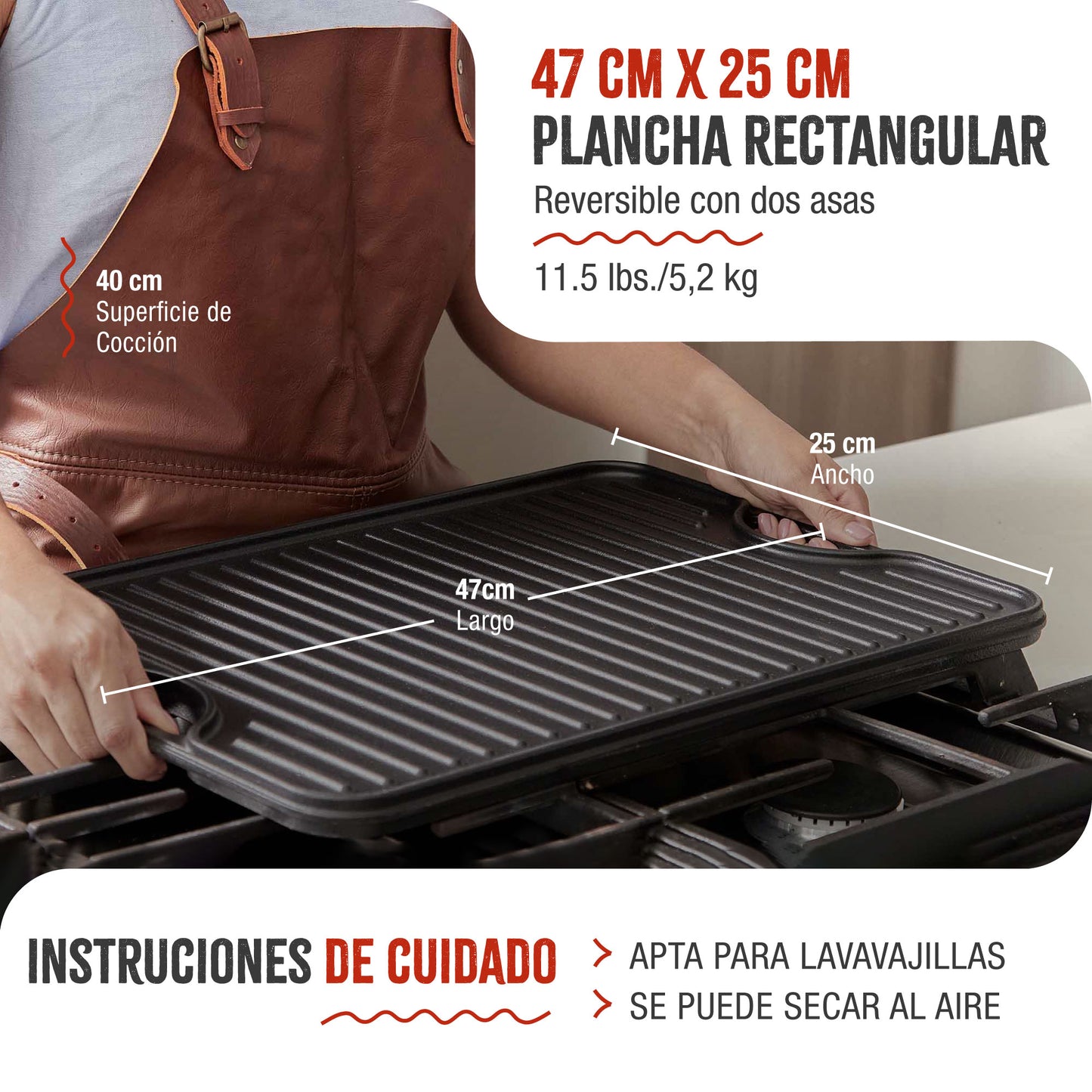 Victoria Plancha Cocina Hierro Fundido Esmaltado Parrilla Reversible 47x25cm, Fuego Barbacoa Sin Ptfe, 31770, Negro_4