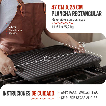 Victoria Plancha Cocina Hierro Fundido Esmaltado Parrilla Reversible 47x25cm, Fuego Barbacoa Sin Ptfe, 31770, Negro_4