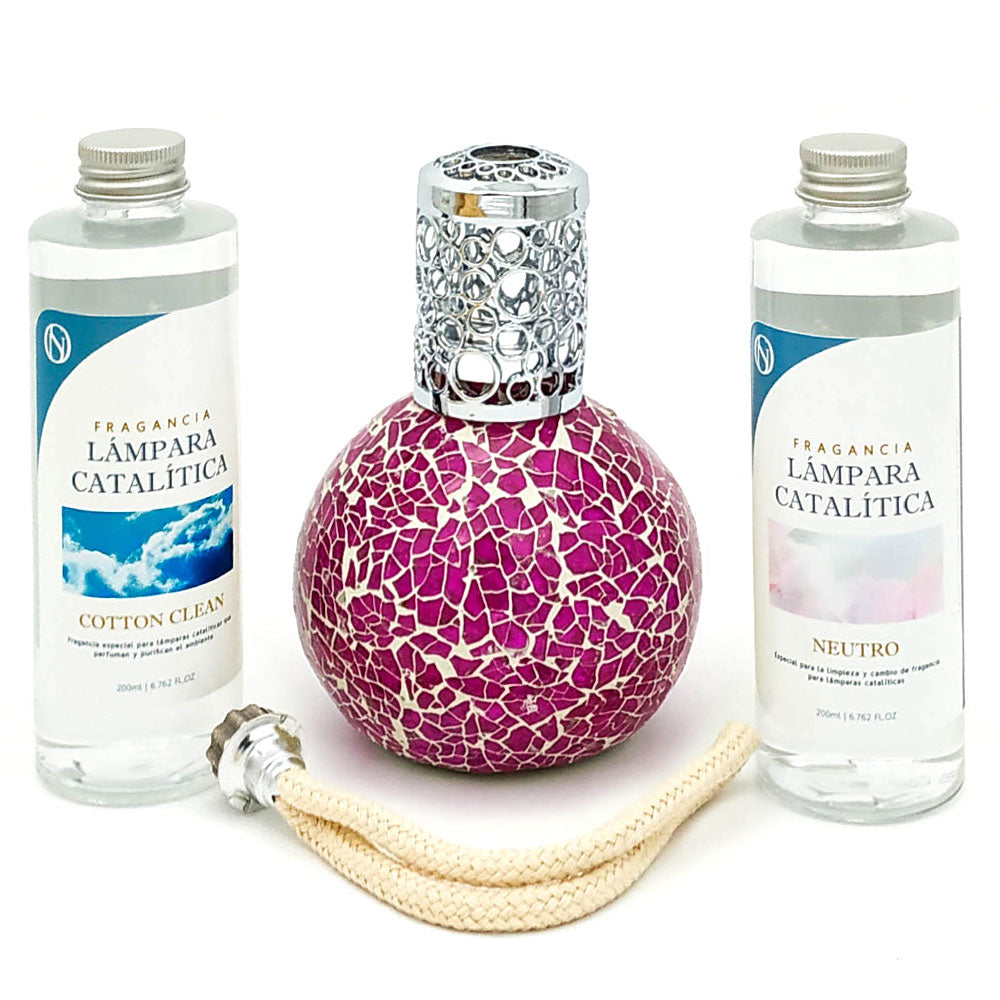 Pack Ahorro Lámpara Catalítica Mosaico Fucsia + Fragancia Cotton Clean 200ml + Limpiador Neutro 200ml + Mecha Repuesto_0