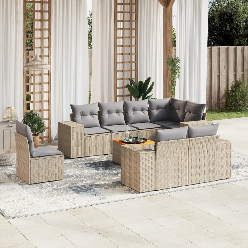 Set De Sofás De Jardín 9 Pzas Con Cojines Ratán Sintético Beige / Vetonek_4