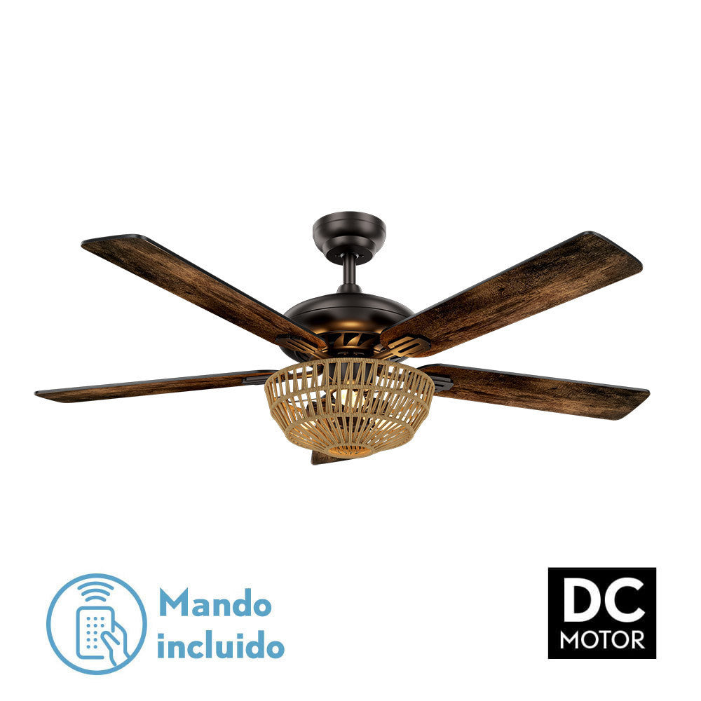 Ventilador Dc Cesta Negro 3xe27 5 Aspas Nogal/roble 6 Velocidades 55/67x132x132cm C/remoto Y Temporizador_0