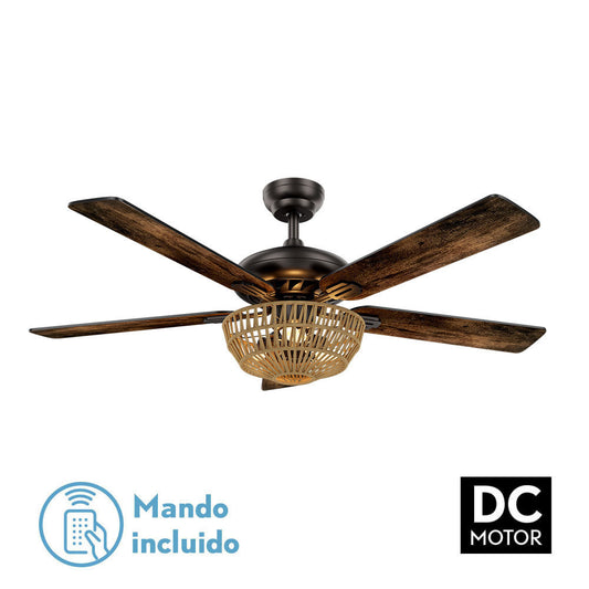 Ventilador Dc Cesta Negro 3xe27 5 Aspas Nogal/roble 6 Velocidades 55/67x132x132cm C/remoto Y Temporizador_0