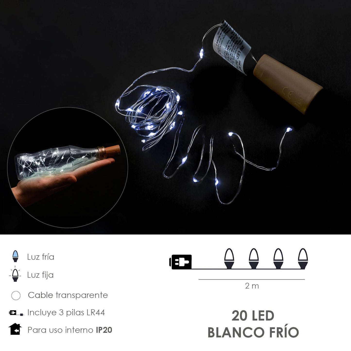 Luces Navidad Guirnalda Led Con Tapon 20 Microled Blanco Frio Ip20. A Pilas 3 Lr44 (si Incluidas)_1